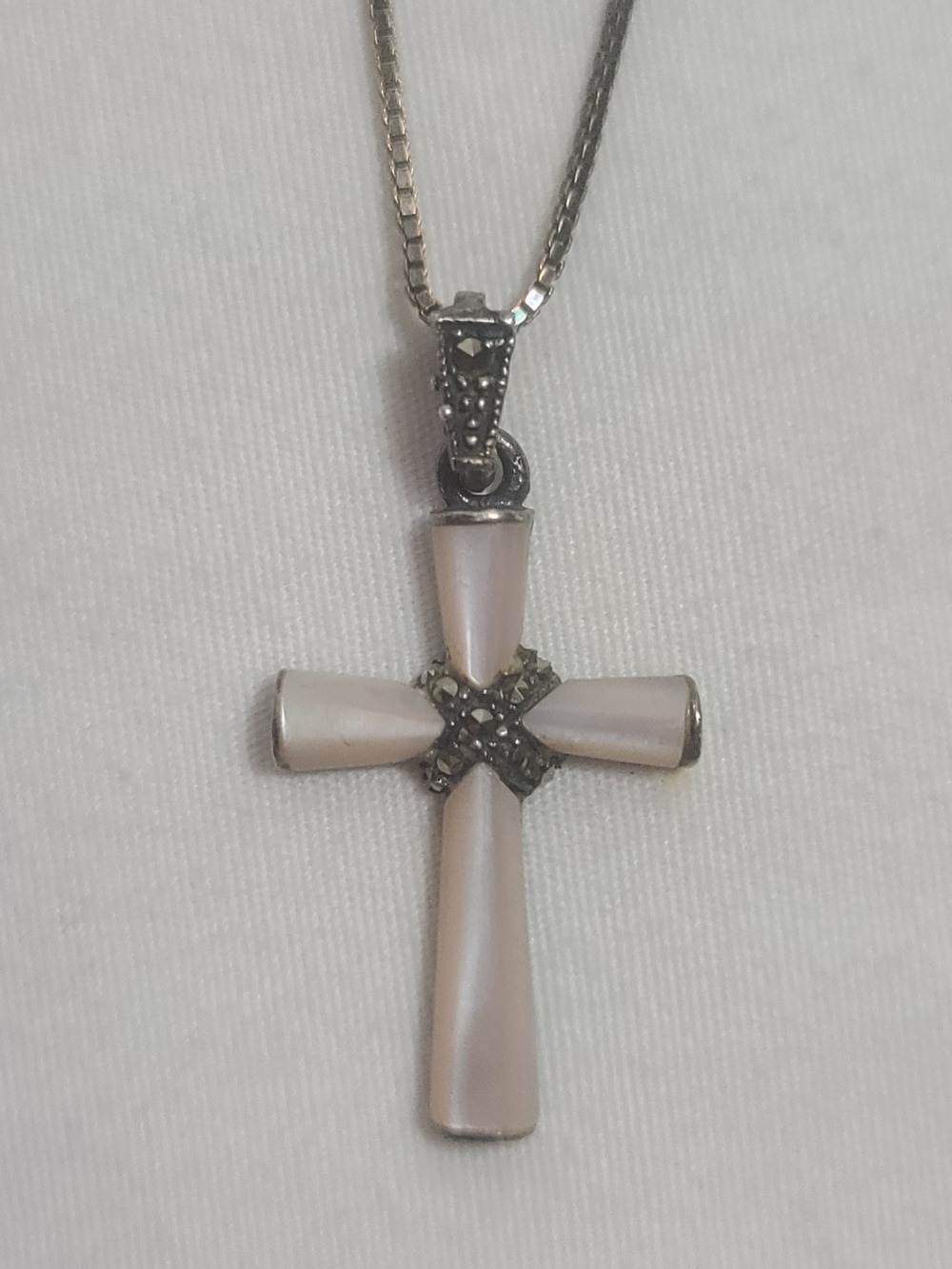 Charles Winston Sterling Silver 925 Marcasite Cross Pendant M.O.P. Necklace